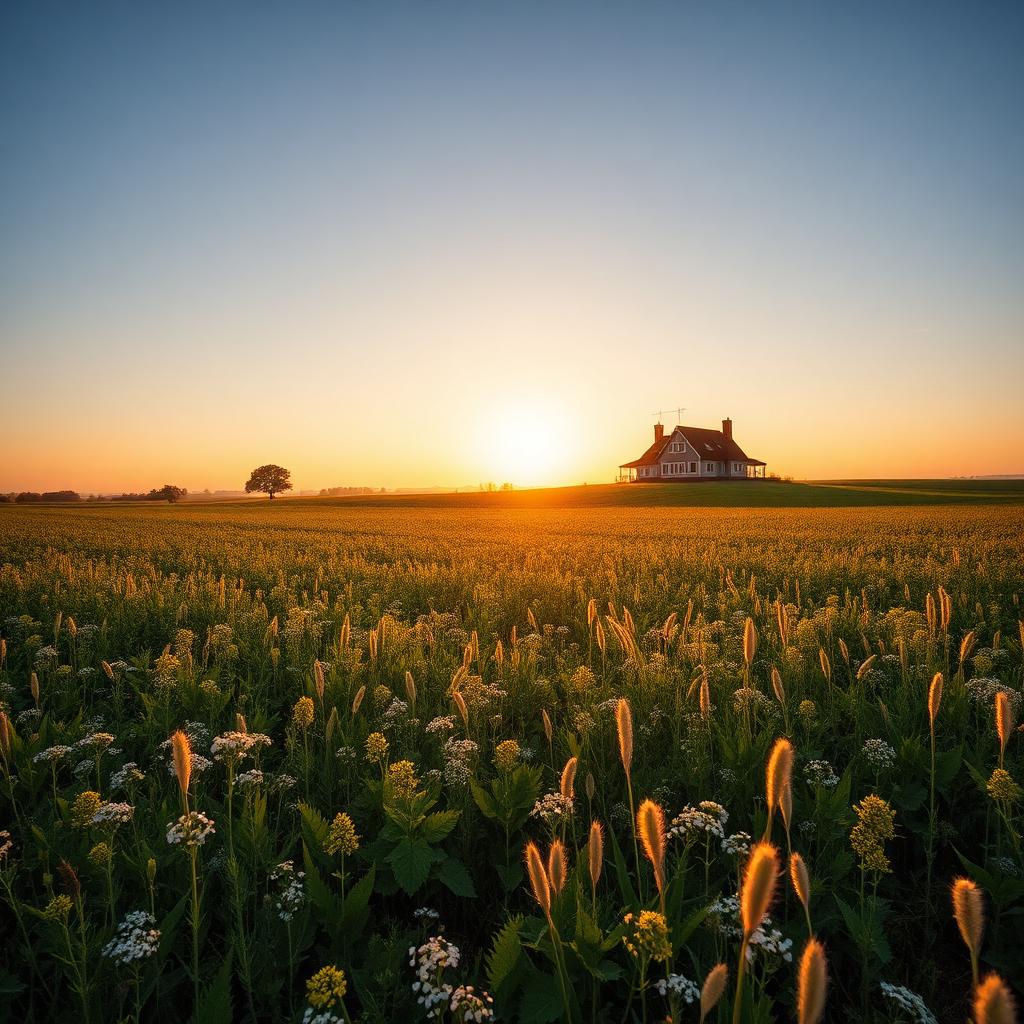 Cover crop field with clover and rye at golden hour