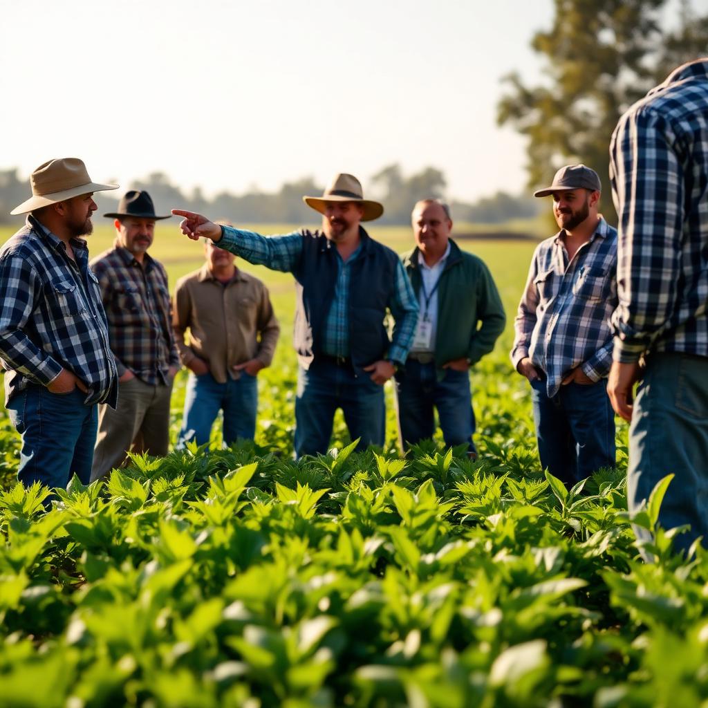 Farmers gathered in a green field learning from an instructor