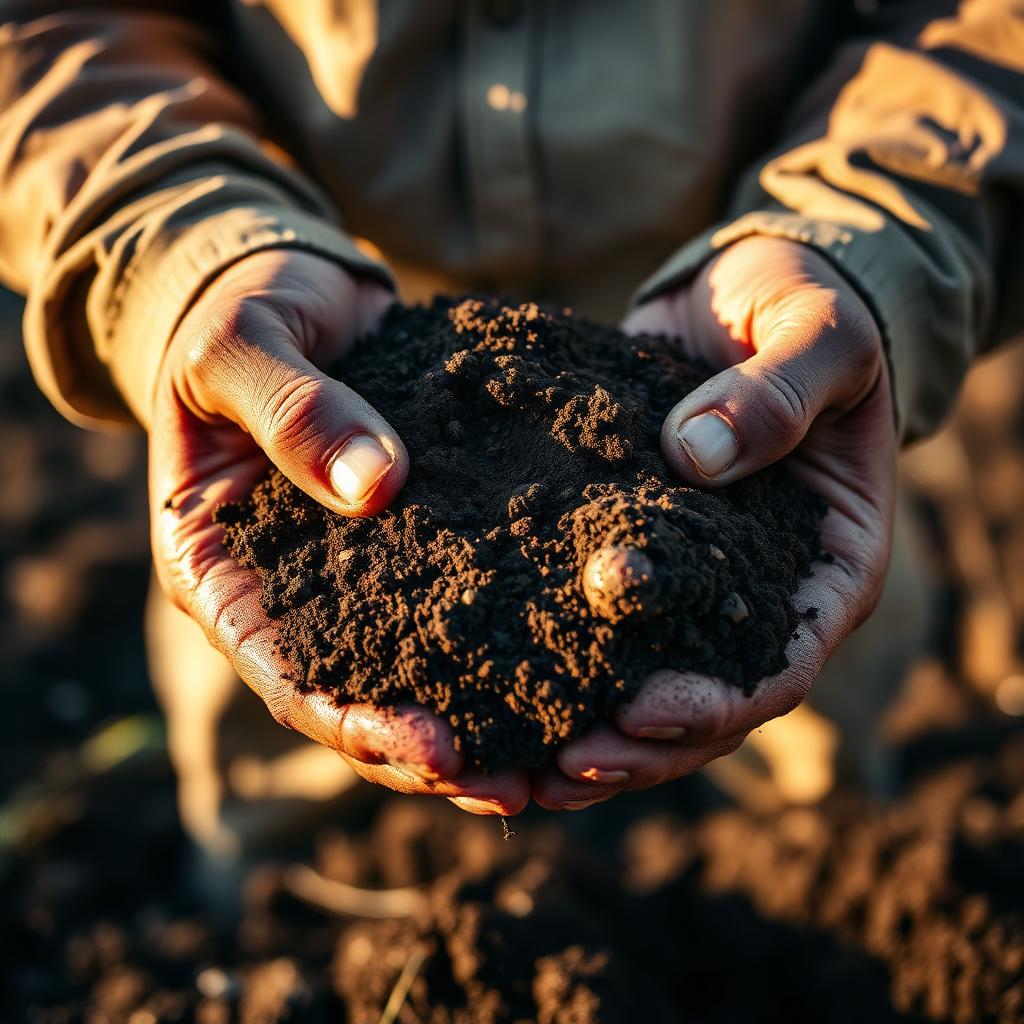 Weathered farmer hands holding rich compost