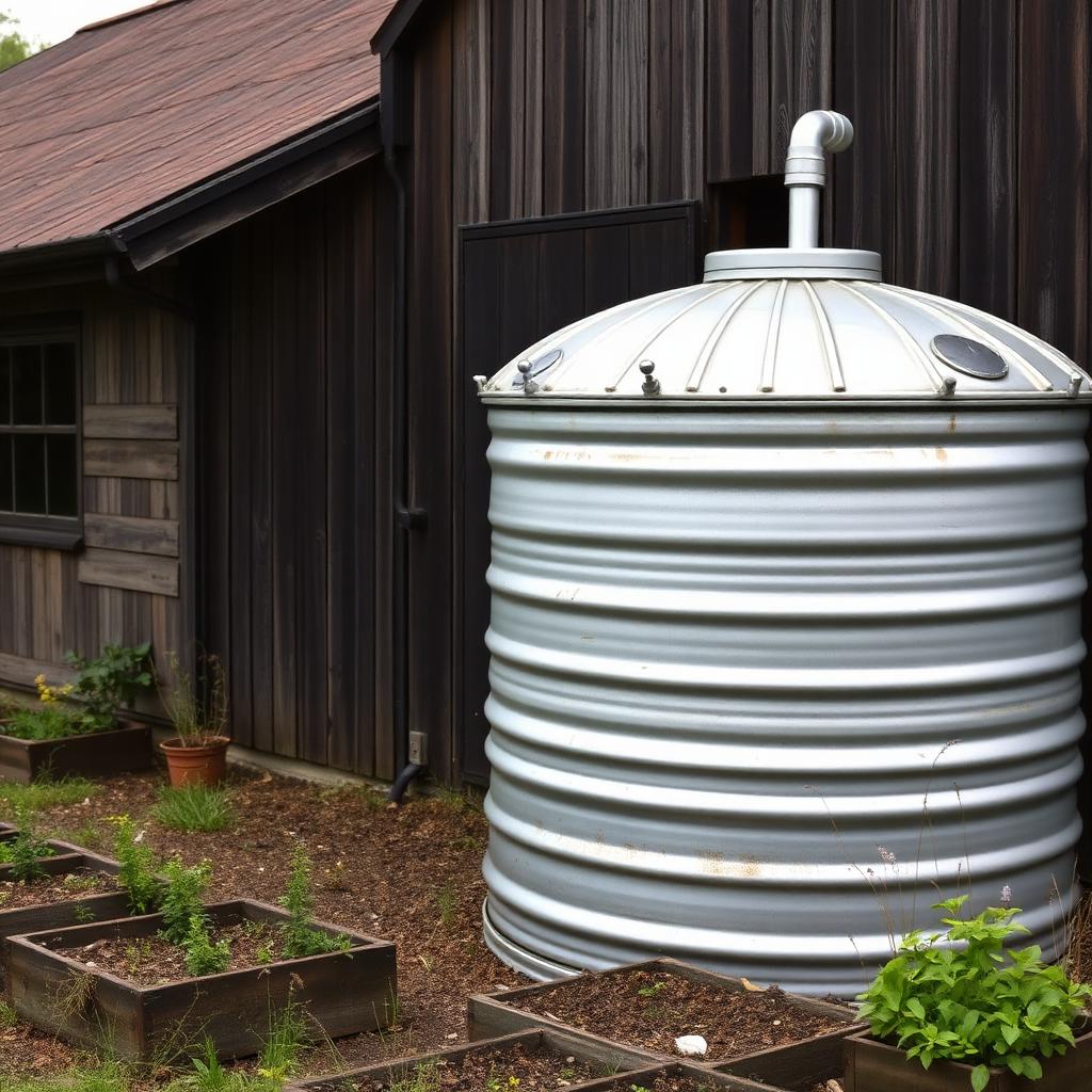 Galvanized rainwater cistern beside a wooden barn with garden beds
