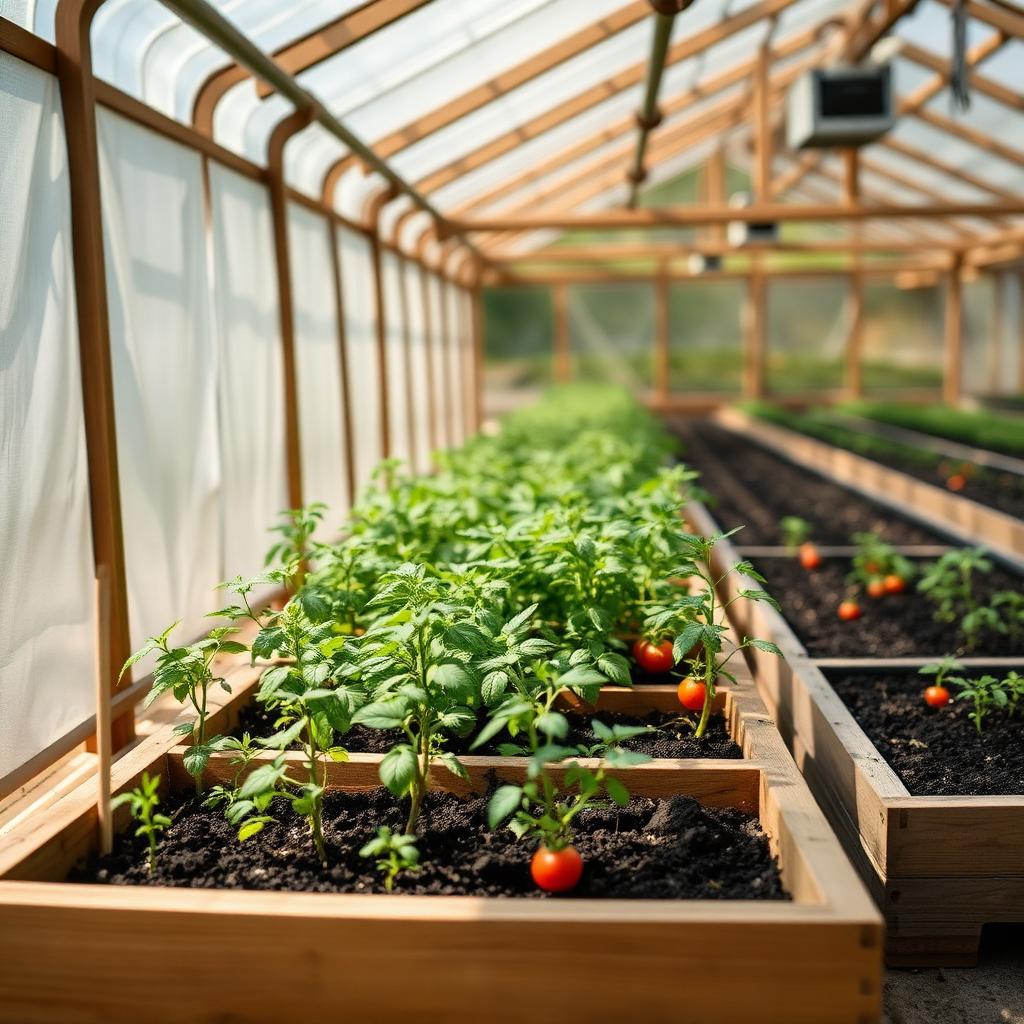 Vegetable seedlings in wooden trays inside a sunlit greenhouse